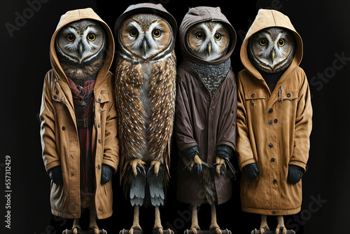 a group of owls dressed in various looks. Generative AI