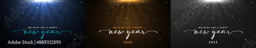Happy new year 2023 backgrounds with golden glitters and different colors blue, black, golden