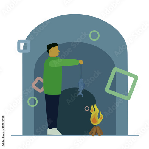 A man in a thick sweater is grilling fish on a bonfire
