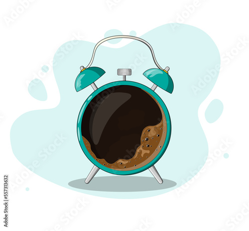 Coffee alarm clock concept. Cup of fresh hot aroma cappuccino coffee with vintage alarm clock symbolised morning time. Ad poster design, layout