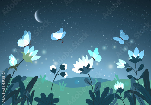 Vector illustration with magical glowing butterflies flying in the garden at night. Amazing flower with lights of butterfly at night sky. Inspiration card. Hand drawn style. Trendy vector illustration