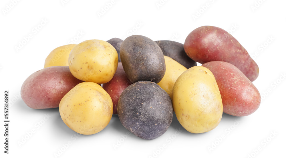 Heap of different raw potatoes on white background Heap of different raw potatoes on white background