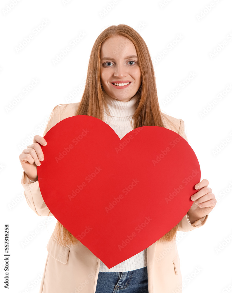 Beautiful redhead woman with paper heart for Valentine's Day on white background Beautiful redhead woman with paper heart for Valentine's Day on white background