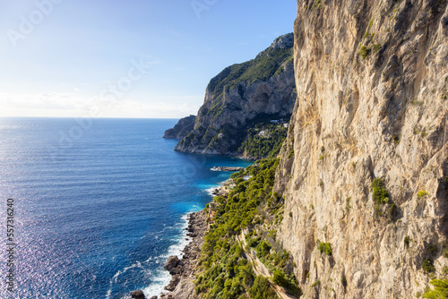 Rocky Coast by Sea at Touristic Town on Capri Island in Bay of Naples, Italy. Sunny Day.