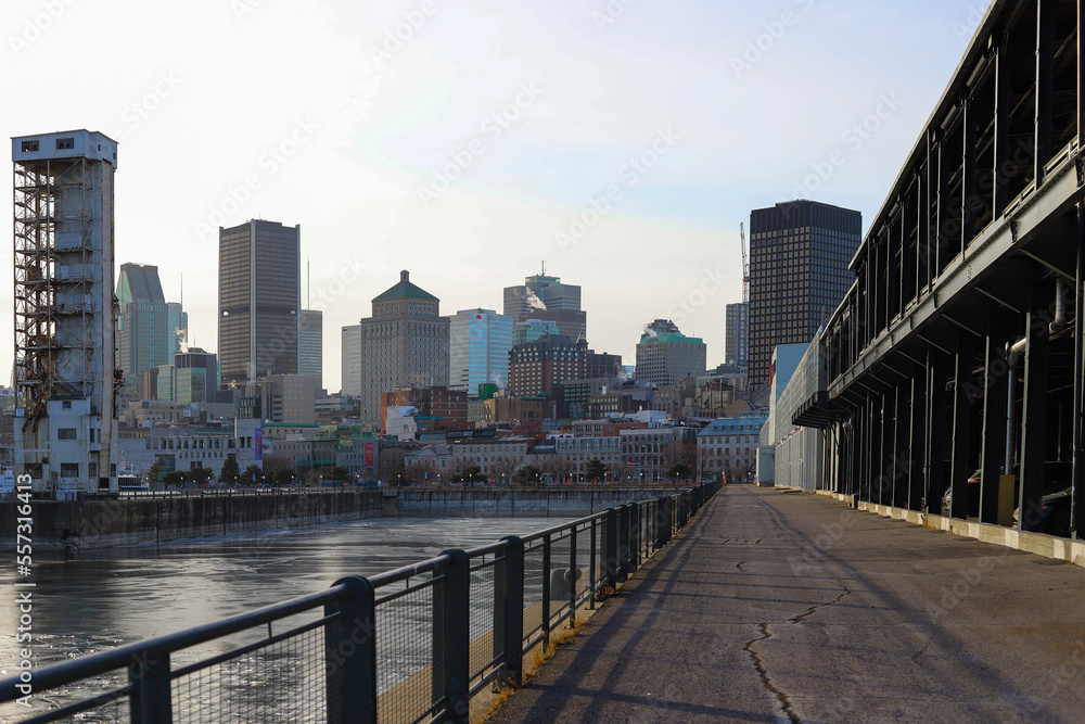 Streets of Montreal in winter. The historical part of the city downtown from old port, harbourfront panorama.