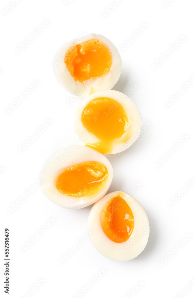 Sliced soft boiled eggs on white background Sliced soft boiled eggs on white background
