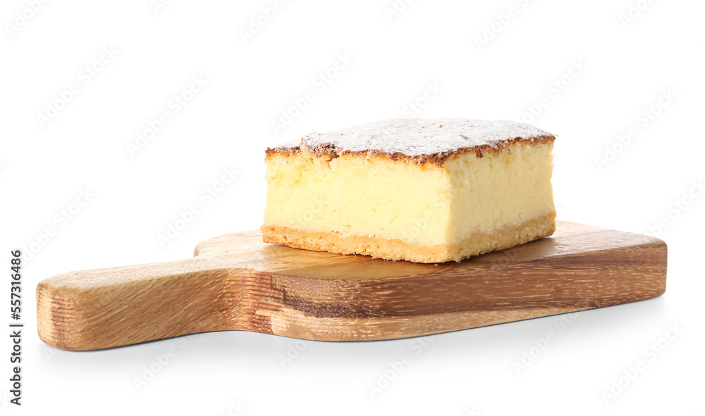Cutting board with piece of cheese pie on white background