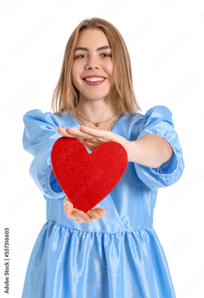 Young woman with paper heart on white background. Valentine's Day celebration Young woman with paper heart on white background. Valentine's Day celebration