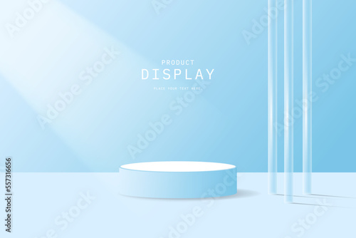 3d background platform with blue glass modern pole. Realistic 3d white blue cylinder rendering podium platform. stand pedestal podium for showing cosmetic product. Stage for showcase product display