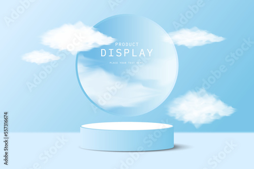 3d background platform with sky  cloud and round or circle window shape. Realistic 3d white blue cylinder pedestal podium . Product display Presentation. Stage for showcase. studio room minimal scene.