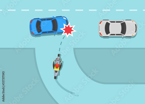 Safe motorcycle riding rules and tips. Front end crash on the road. Turning motorcycle collision with moving car. Top view. Flat vector illustration template.