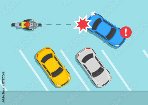 Safe motorcycle riding rules and tips. Rear end hit. Car and motorcycle collision on angle parking. Top view. Flat vector illustration template.