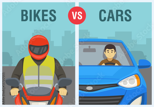 Bikes vs cars: which is better on roads. Safe driving tips and traffic regulation rules. Close-up of motorcycle rider and car driver. Flat vector illustration tempplate.
