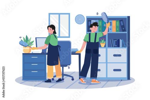 Worker Cleaning The Office With A Feather Brush