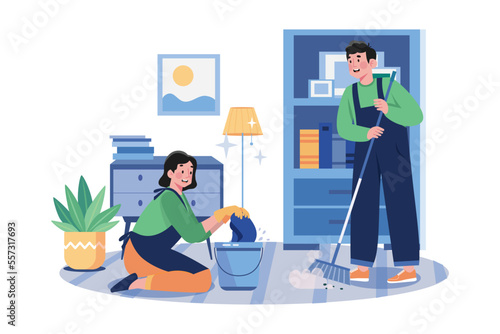 Cleaning Worker With Bucket And Broom