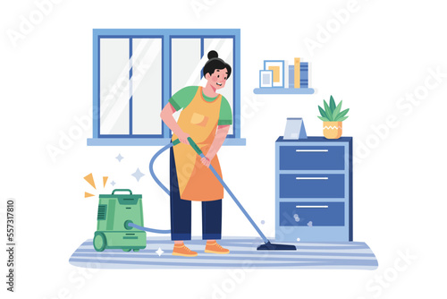 Cleaning Worker Cleaning Floor With The Vacuum Cleaner