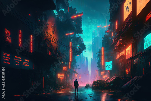 Future neon city. In a future metropolis, an industrial area. Cyberpunk inspired wallcoverings. Huge, futuristic structures and neon lights amid a gritty metropolis. Generative AI photo