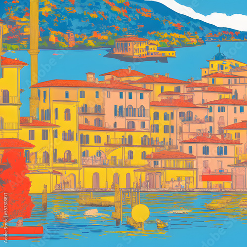 Cultural attractions Lake Como Italy pop art style 