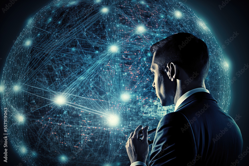Businessman interacting with a global network and customer connection against a background of space. Generative AI Businessman interacting with a global network and customer connection against a background of space. Generative AI