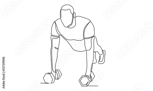 continuous line of man training push up with dumbbell