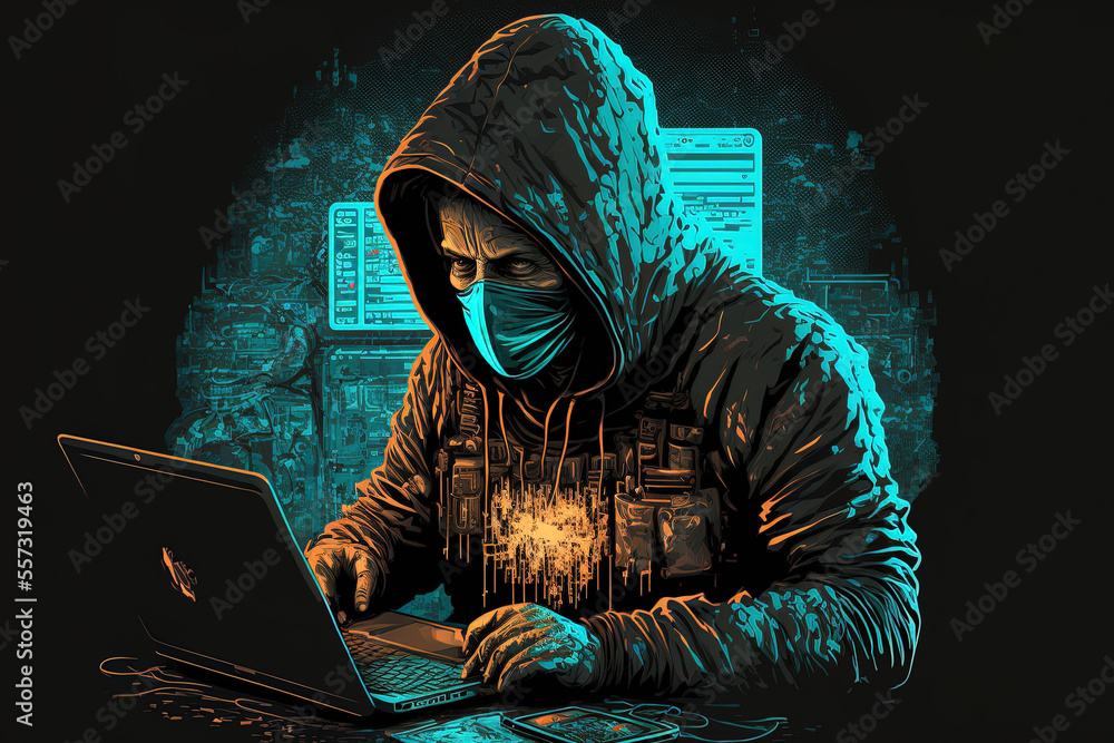 hacker using a laptop and a desktop. Generative AI hacker using a laptop and a desktop. Generative AI
