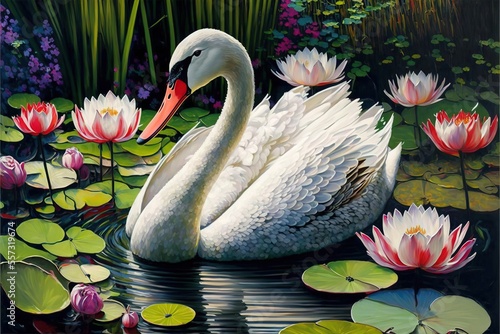 Obraz na płótnie a painting of a swan in a pond of water lillies and lily pads with lily pads around it