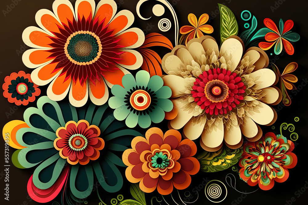For textile motifs and wrapping paper prints, an abstract graphic of full arrangement colorful flowers is used. Generative AI For textile motifs and wrapping paper prints, an abstract graphic of full arrangement colorful flowers is used. Generative AI