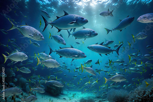 Many underwater caranx, a vast fish population, the underwater environment, and the ocean biological system. Generative AI