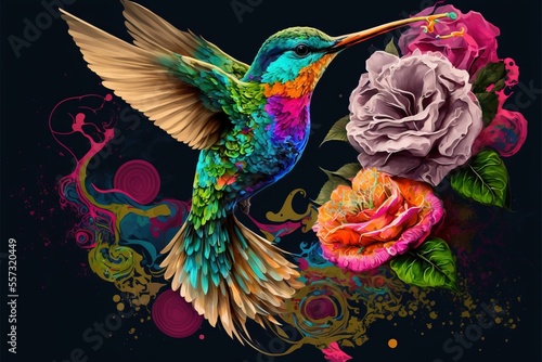  a colorful hummingbird flying over a flower and a rose on a black background with swirls and swirls. Generative AI