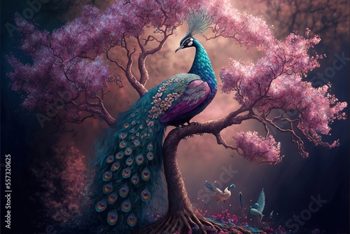  a painting of a peacock sitting on a tree branch with pink flowers in the background and a bird flying by. Generative AI