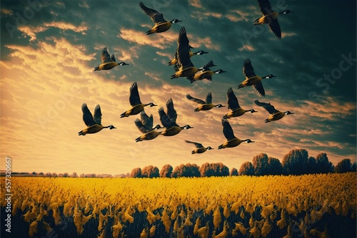  a flock of birds flying over a field of yellow flowers at sunset or dawn with a dramatic sky background. Generative AI