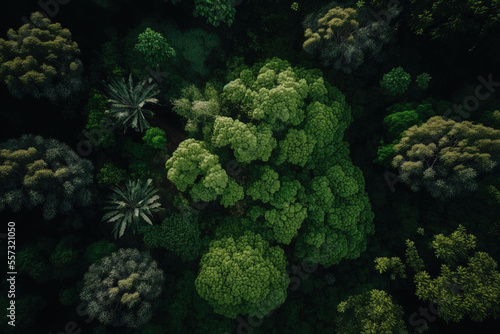 Aerial top down image of a summertime dark, lush forest with green tree canopies. Generative AI