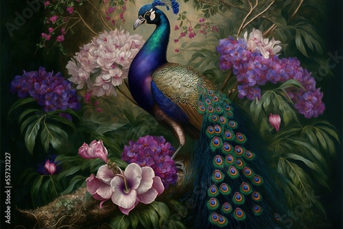  a peacock is sitting on a branch with flowers in the background and a bird with a blue tail is standing on a branch. Generative AI