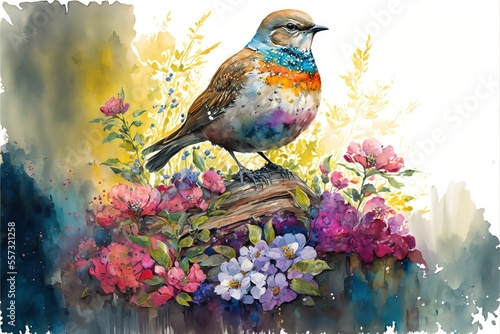 Fototapeta a bird sitting on a piece of wood surrounded by flowers and leaves