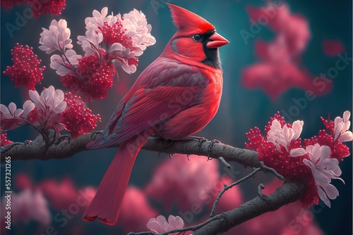  a red bird sitting on a branch of a tree with pink flowers in the background and a blue sky. Generative AI photo