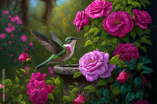 a hummingbird sitting on top of a birdbath surrounded by pink roses