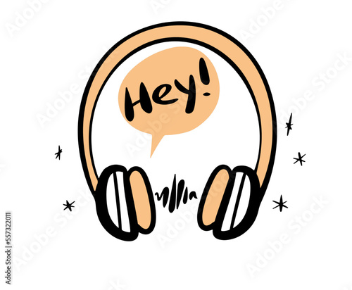 Headphones and sign on the white background. Listening to music, audio book or podcast. Isolated vector illustration for poster, banner, advertising.