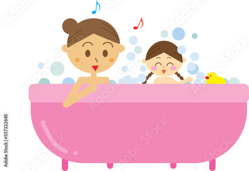 娘と二人で楽しく泡風呂に入っている母親のイラスト・バスタイム・入浴・子育て・家族・暮らし・ photo