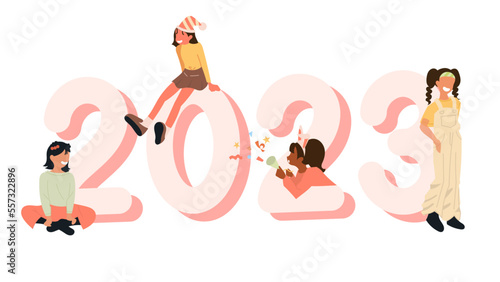 Happy girl gang with 2023 for New Year Holiday. Flat Design Fun Friends Celebrate Winter Party. Holiday Banner with Corporate Team Rejoice and Cheerful Vector Isolated on White Background.