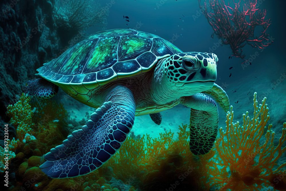 Underwater sea turtle strange marine animal underwater turtle. Generative AI