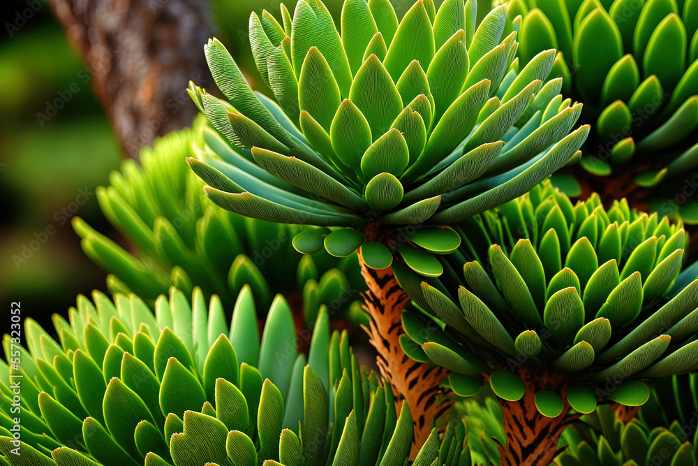 Green leaves on a tree, close up, with a natural background Araucaria araucana. Generative AI Green leaves on a tree, close up, with a natural background Araucaria araucana. Generative AI