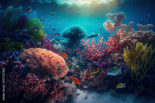 Underwater coral reef, sea coral lagoon, and ocean ecology. Generative AI © 2rogan