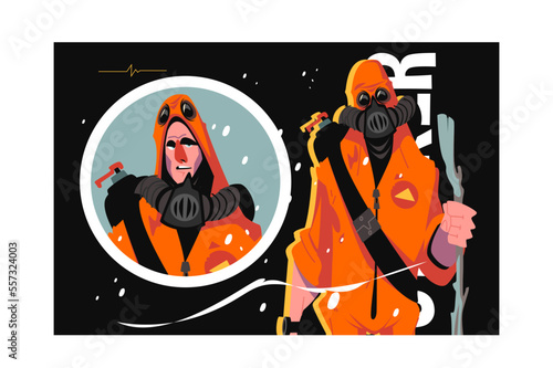 Man in bio-chemical protective coat and gas mask