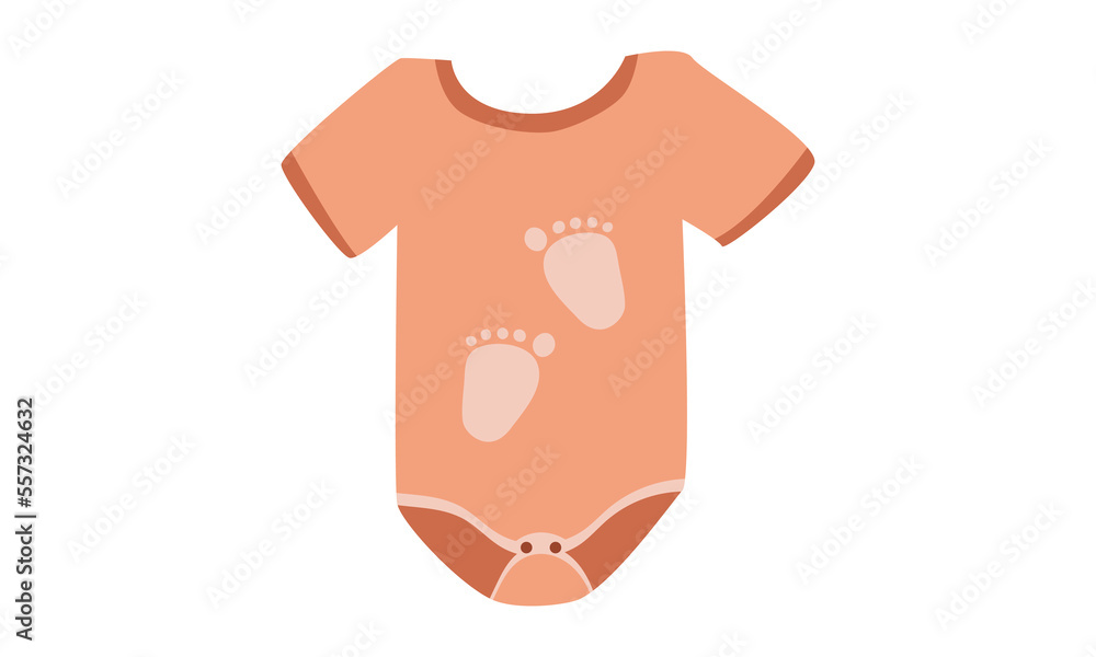 Orange baby bodysuit clipart. Simple cute baby bodysuit with footprint design flat vector illustration. Baby bodysuit, body children, baby shirt, romper, clothes for newborns cartoon drawing