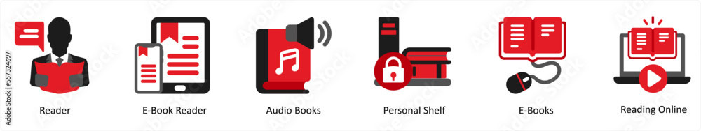 Six education icons in red and black as reader, e book reader, audio books Six education icons in red and black as reader, e book reader, audio books