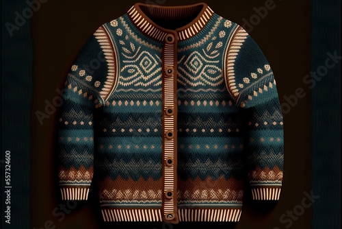 knit sweater or cardigan with intricate stitching or patterns, evoking feelings of warmth and coziness, as the knit fabric and intricate patterns create a sense of comfort and security (AI Generated)