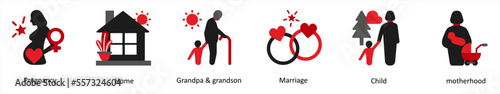 Six business icons in red and black as pregnancy, home, granspa and grandson