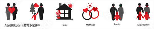 Six business icons in red and black as family, child, home