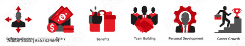 Six business icons in red and black as self actualization, salary, benefits