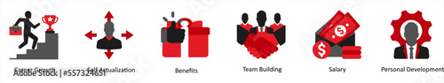Six business icons in red and black as career growth, self actualization, benefits